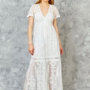 Altar'd State White Tiered Maxi Dress with Flutter Sleeves
